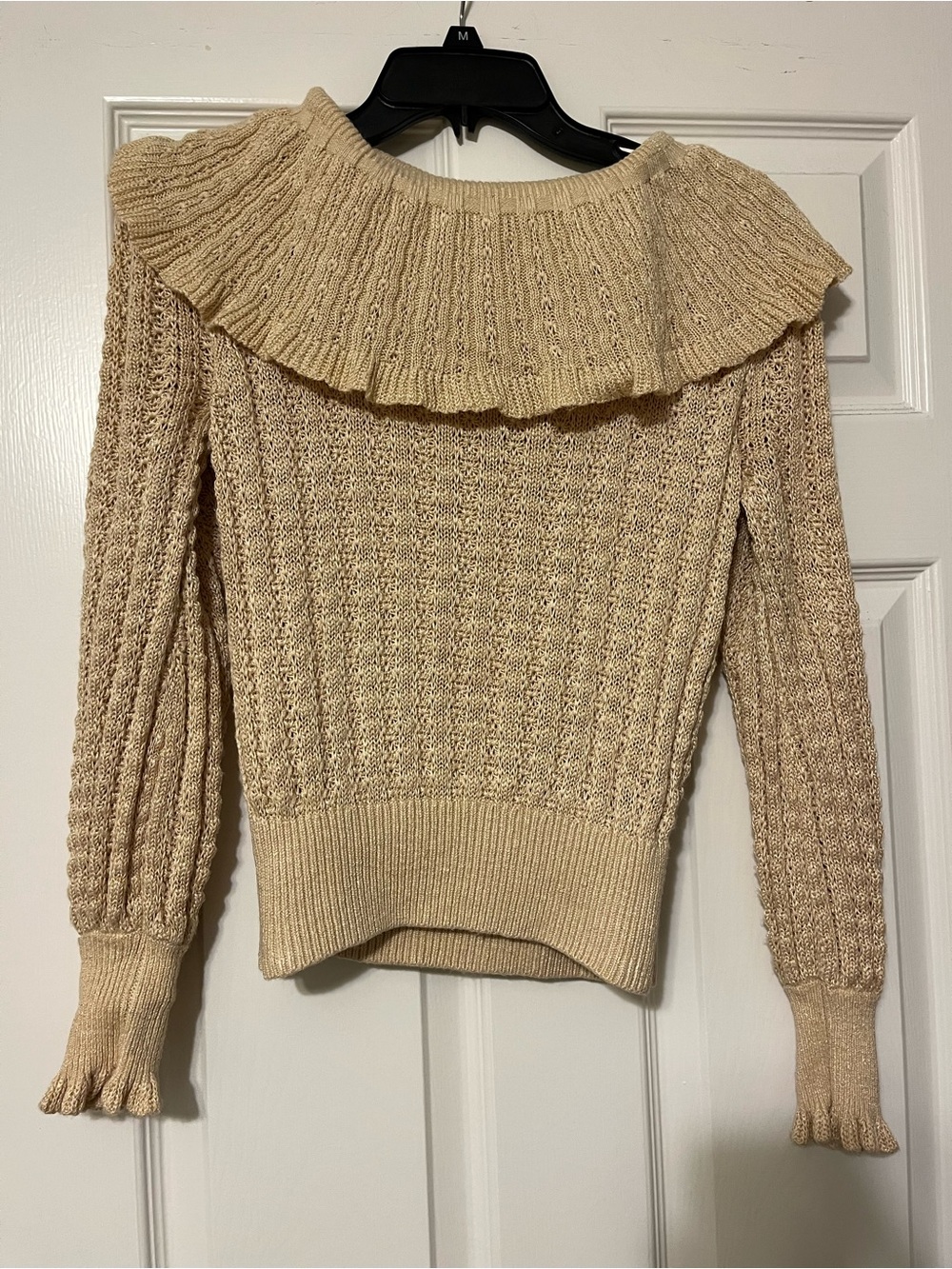 Free People Cream Off-the-Shoulder Ruffle Cable Knit Sweater